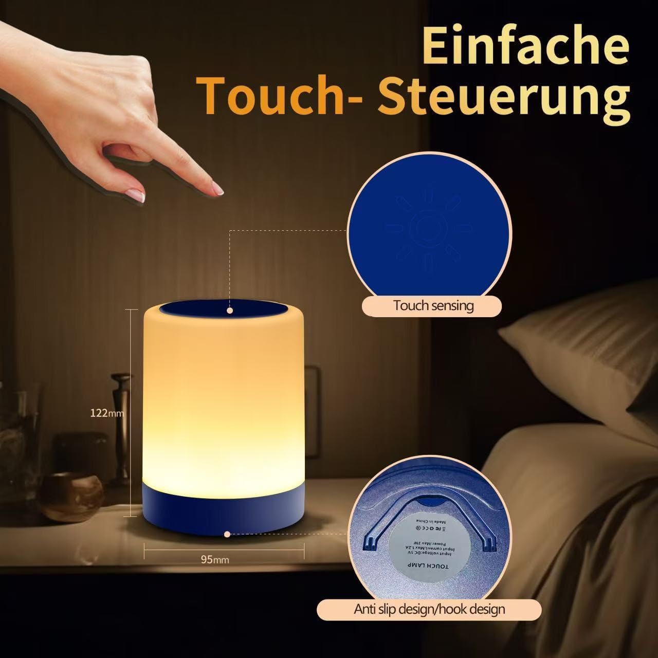 OORUN Touch Bedside Table Lamp,13 RGB Colors & 5 Brightness, USB Rechargeable Desk Lamp, Remote Control Dimmable Night Light with RGB Color Changing,Portable Lamp for Baby, Bedroom, Living Room (Blue)