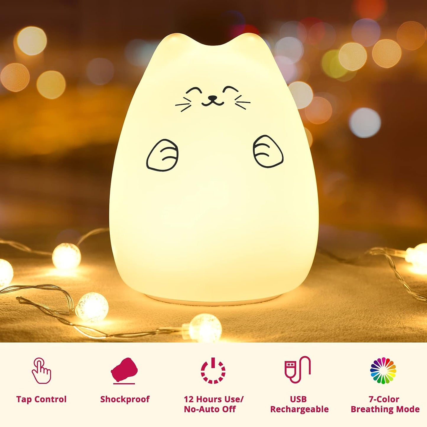 GoLine Cute Kawaii Kids Night Lights for Room Decor - Cat Lamp for Kids Bedroom Nursery, Best Christmas Birthday Gifts for Women Wife Teen Girls.