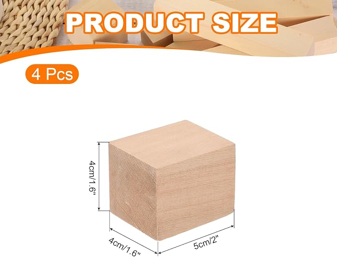 MECCANIXITY 4Pcs Basswood Carving Block, 1.6"x1.6"x2" Square Wooden Dowels