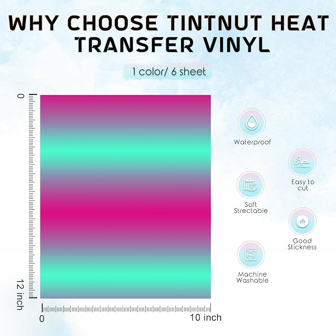 Tintnut Green Pink Gradient Heat Transfer Vinyl, Ombre pattern, PU HTV Sheets