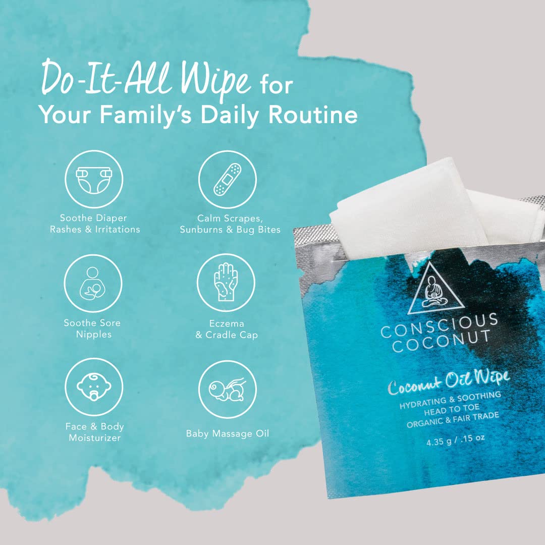 Coconut Oil Wipes For Babies and Children - Oil Moisturizing Wipes for Diaper Rashes, Eczema, Cradle Cap, Infused with Cold-Pressed, Raw Coconut Oil, Conscious Coconut