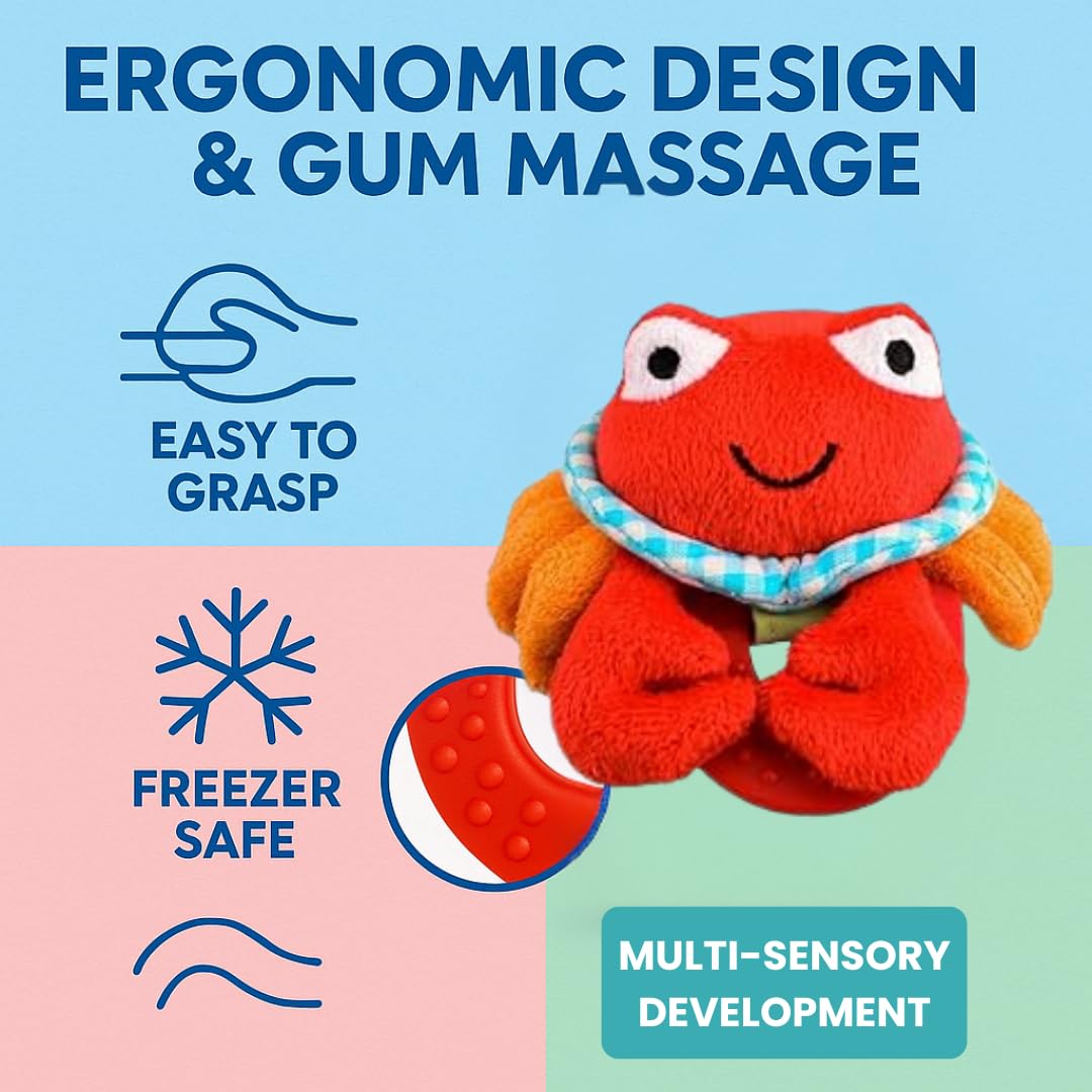 Wristy Buddy Teething Ring for Babies 0-6 8 10 12 Months | Cute Soft Crab Teething Toys & Gloves | Baby Teething Relief Toy Pack | Infant Chew Toys for 3-6 Months, 1 2 3 Years