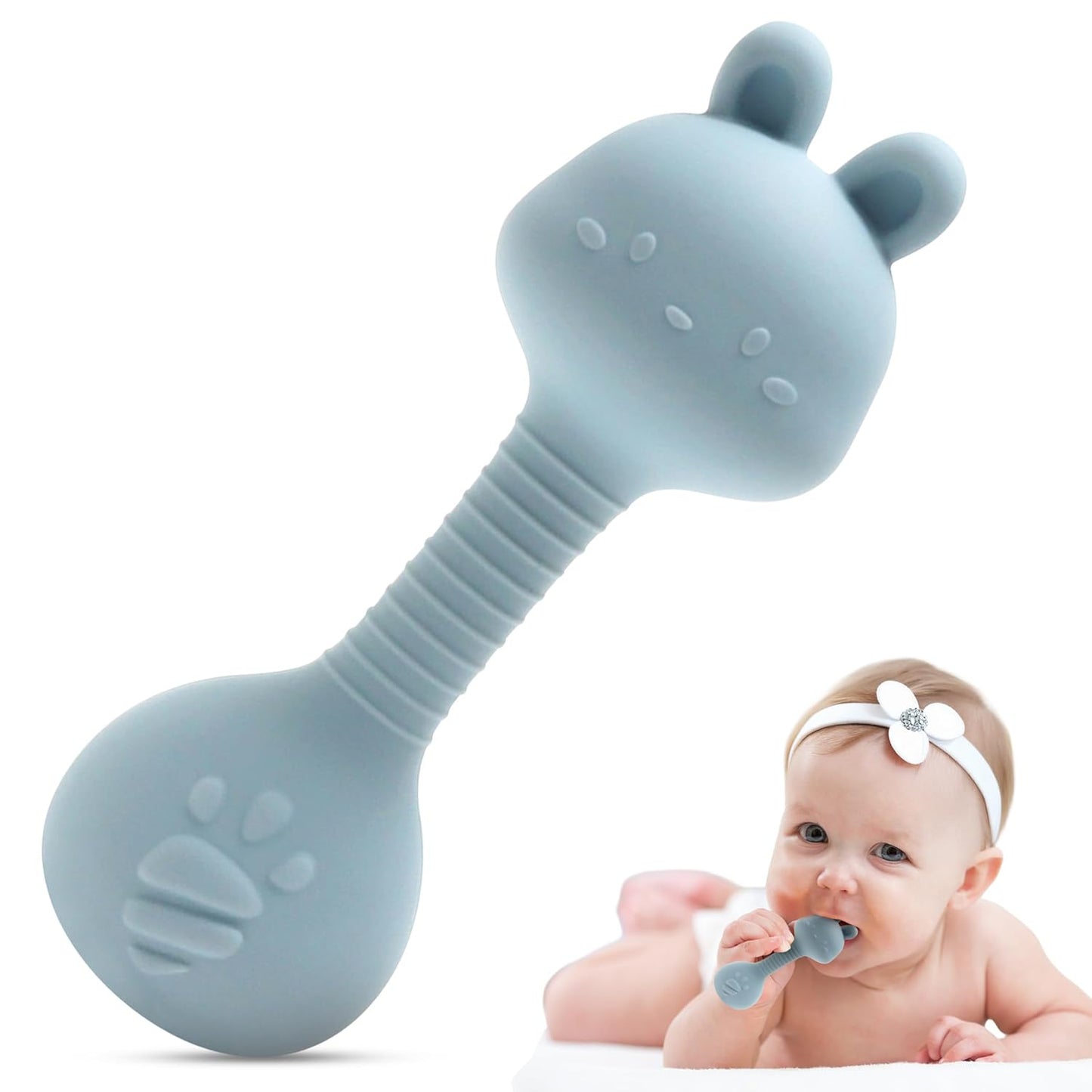 Silicone Rattle Teether for Babies – Soft BPA-Free Teething Toy & Sensory Rattle – 100% Food Grade Silicone, CPC Certified – Soothing Relief for Infants & Toddlers (Rabbit - Blue)