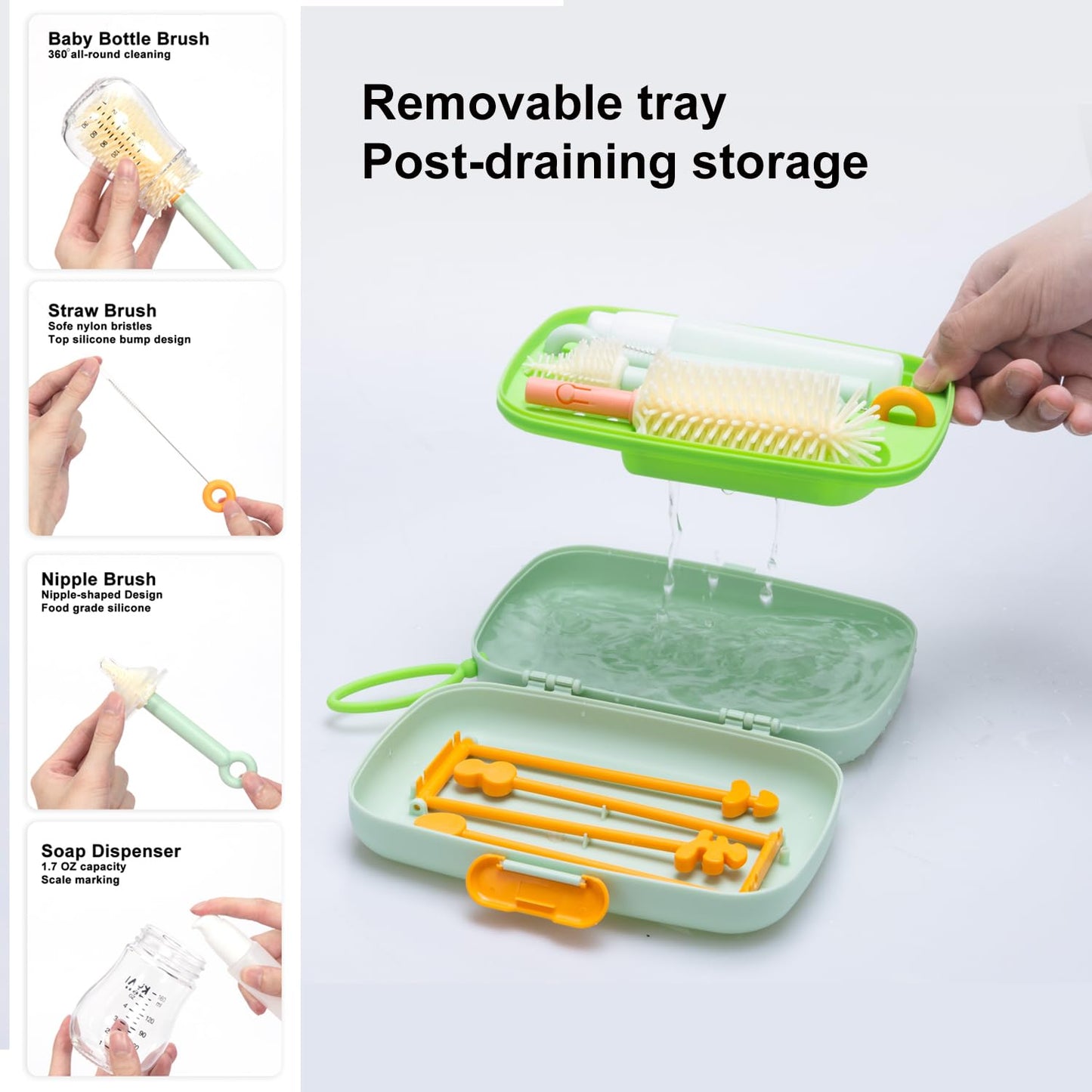 7in1 Travel Bottle Cleaner kit,Baby Essentials, with Bottle Brush、Nipple Brush、Straw Cleaner Brush、Soap Dispenser、Bottle Drying Rack、Drainage Tray、Storage Box,Baby Travel Essential (Green)