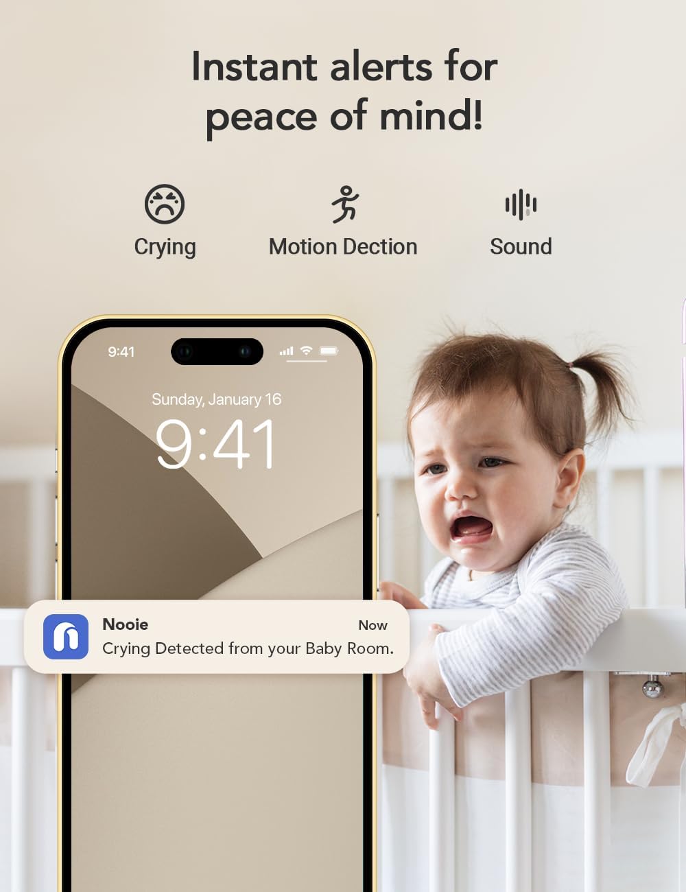 nooie 2K Smart WiFi Baby Monitor with Camera and Audio, Smartphone App Control, Temperature Sensor, Motion & Cry Detection, IR Night Vision, 2-Way Talk, Cloud & SD Card Storage, Ideal for New Moms