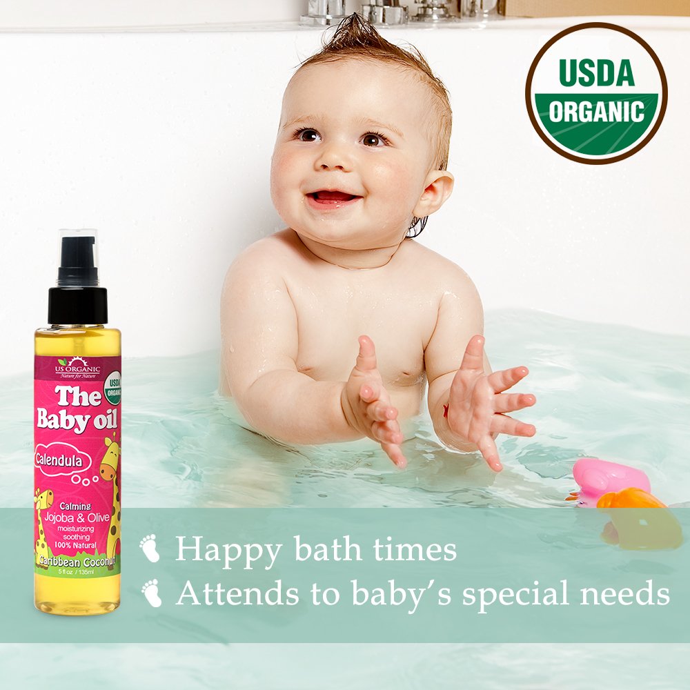 US Organic Baby Oil with Calendula, Smooth Caribbean Coconut, Certified Organic by USDA, Jojoba & Olive Oil with Vitamin E, No Alcohol, Paraben, Artificial Detergents, Color, Synthetic Perfume, 135ml