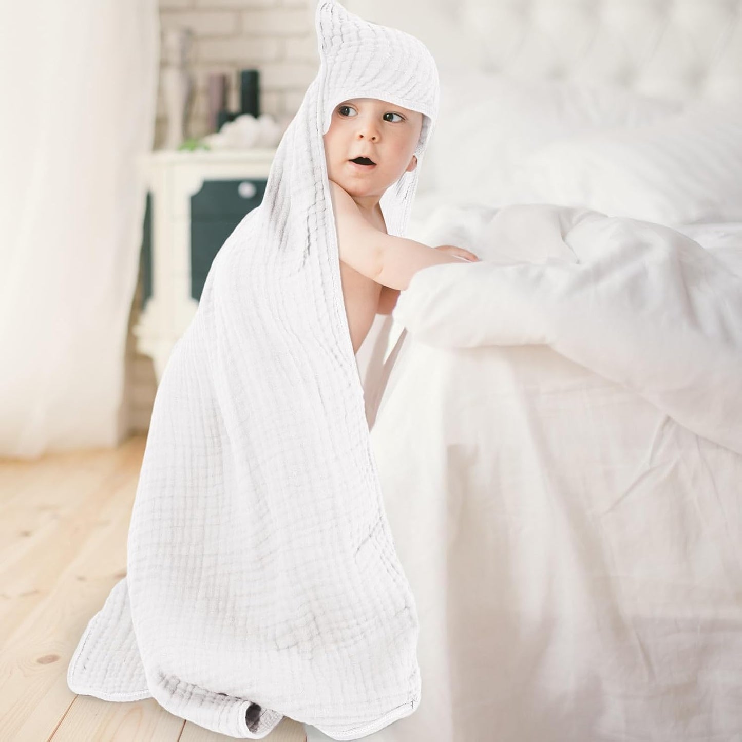Peryiter 6 Pcs Muslin Hooded Baby Towels, 32"x 32" Cotton Newborn Bath Towel Muslin Infant Baby Blankets Absorbent Unisex Newborn Registry Gift Essentials for Girls Boys (Light Color Series)