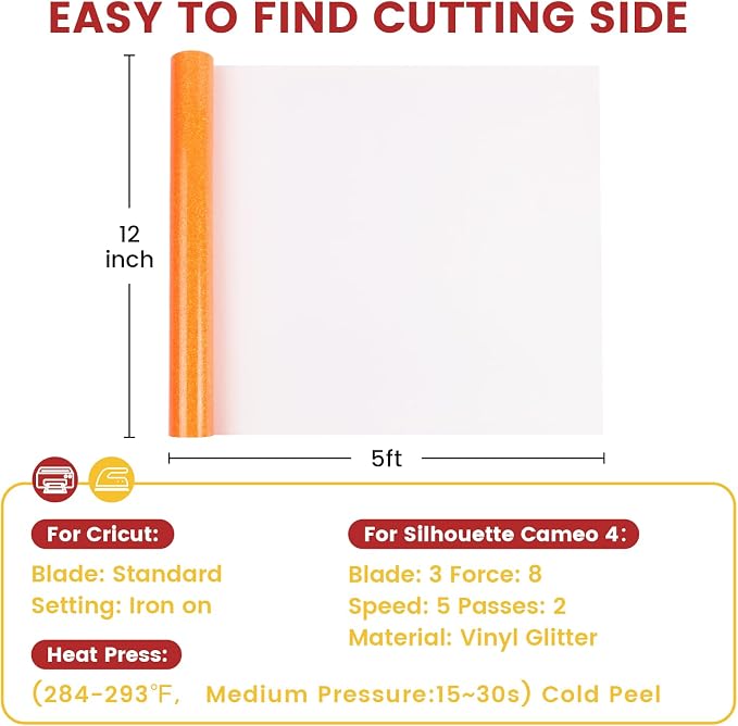DUEUIOE Fluorescent Orange Glitter Heat Transfer Vinyl 12" x 5FT