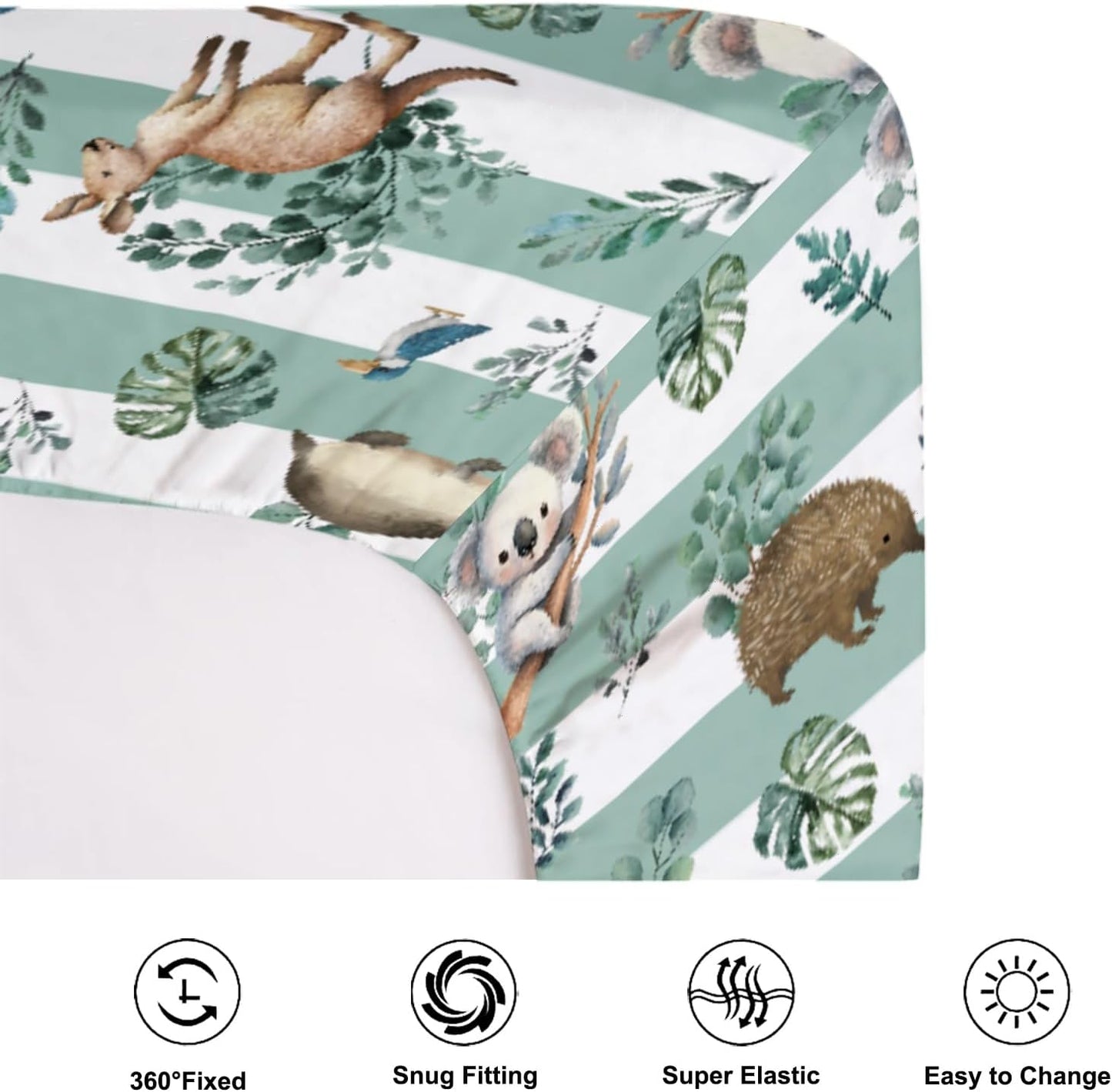 Baby Australian Animals Fitted Baby Crib Sheet for Boy Girl 52"x28" Cute Koala Green Tropical Leaves Crib Mattress Cover Baby Animals Stripes Soft Baby Sheet for Standard Crib & Toddler Bed Mattress