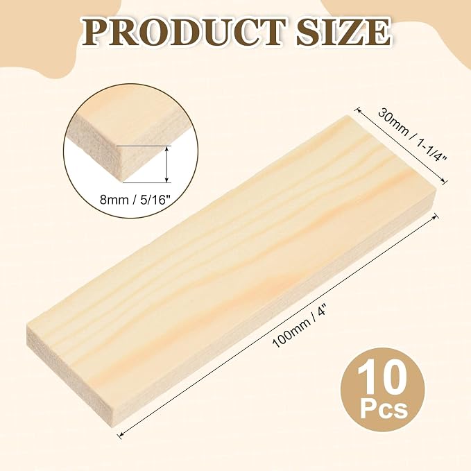 MECCANIXITY 10Pcs Wood Strips Slats, 5/16" x 1‑1/4" x 4" Thin Wood Sticks Flat