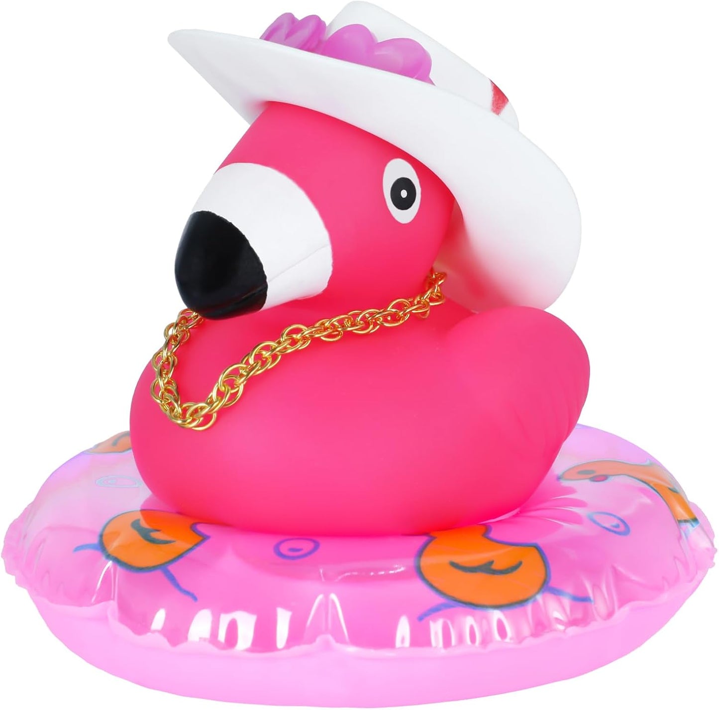 Pink Flamingo Rubber Duck Jeeps Duck, with Mini Cowboy Hat, Swim Ring, Gold Chain & Heart Sunglasses, for Car Dashboard Decor, Home Office Party Decoration, Baby Bath Toys, Birthday Gifts