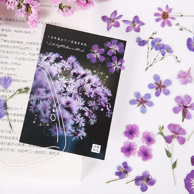 Acxico 160 Pcs Retro Floral Stickers Set PET Transparent Flower Stickers