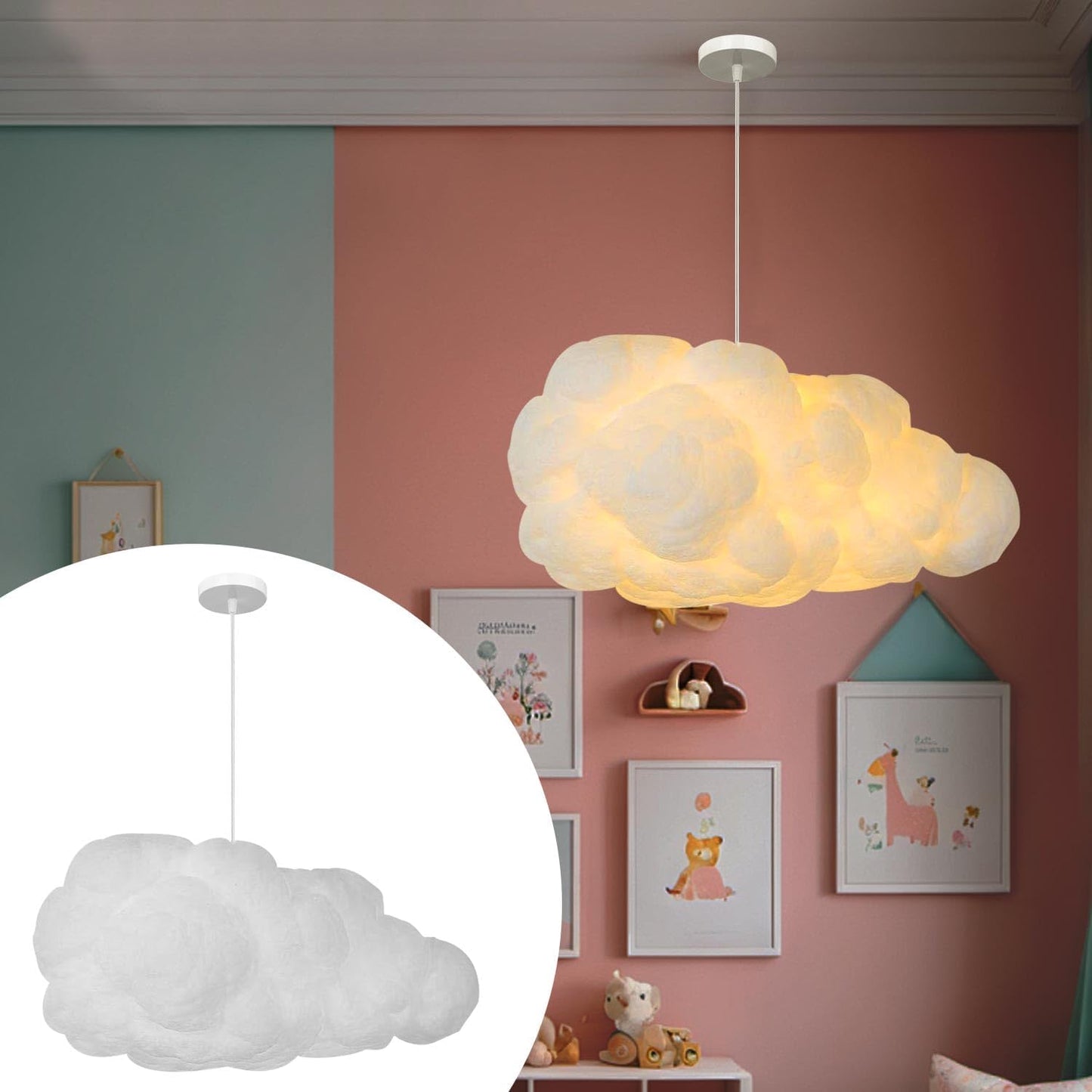 Cloud Pendant Hanging Light Fixture, Modern Fluffy Ceiling Lighting Chandelier, White Lamp Shade Lampshade for Children Girls Kids Living Room (50cmx25cm)