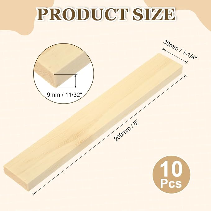 MECCANIXITY 10Pcs Wood Strips Slats, 11/32" x 1‑1/4" x 8" Thin Wood Sticks Flat