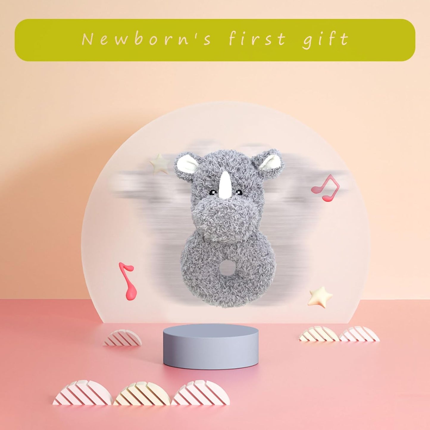 Baby Rhino Soft Rattle Toy, Plush Rhino Infant Shaker Rattle Easy-Grasp Stuffed Animal Toy, Gifts for Newborns Babies Toddlers Boys Girls, Gray, 6 Inches