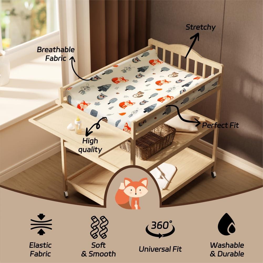 4 Pack Changing Pad Covers Woodland Forest Animals Wood Neutral Unisex Fitted Baby Changing Pad Cover Set for Baby Boys or Girls