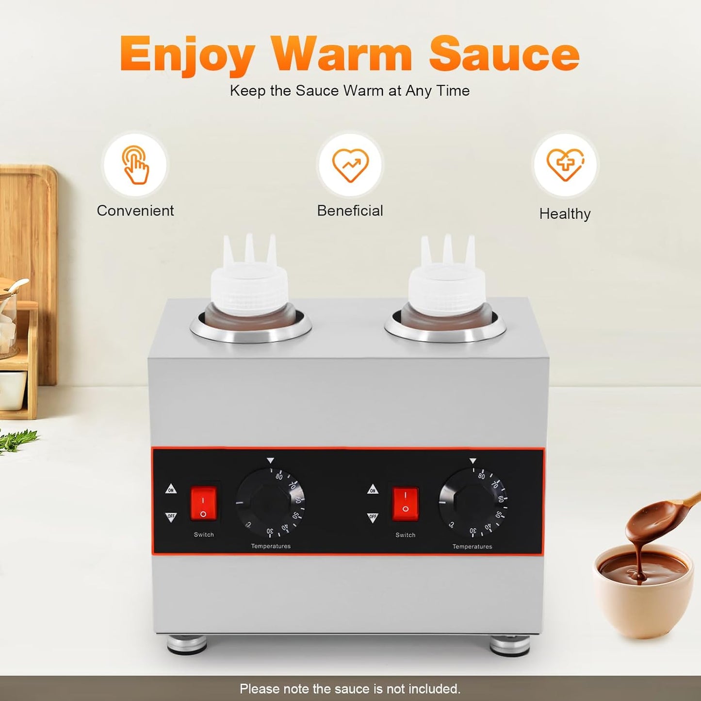 Electric Dual Bottle Sauce Warmer, 320W 110V Cheese & Chocolate Melter with Adjustable Temp 86-185°F, Stainless Steel Commercial Topping Warmer for Nacho, Caramel, Fudge with Two 650ml PC Bottles