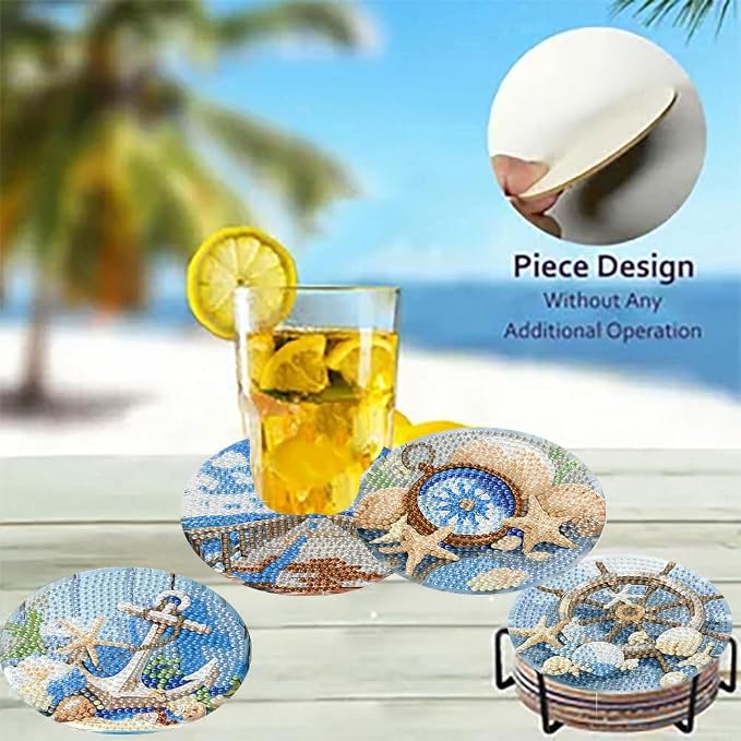 8 Pack Beach Diamond Art Coasters, Seaside Diamond Painting Coasters Kits |