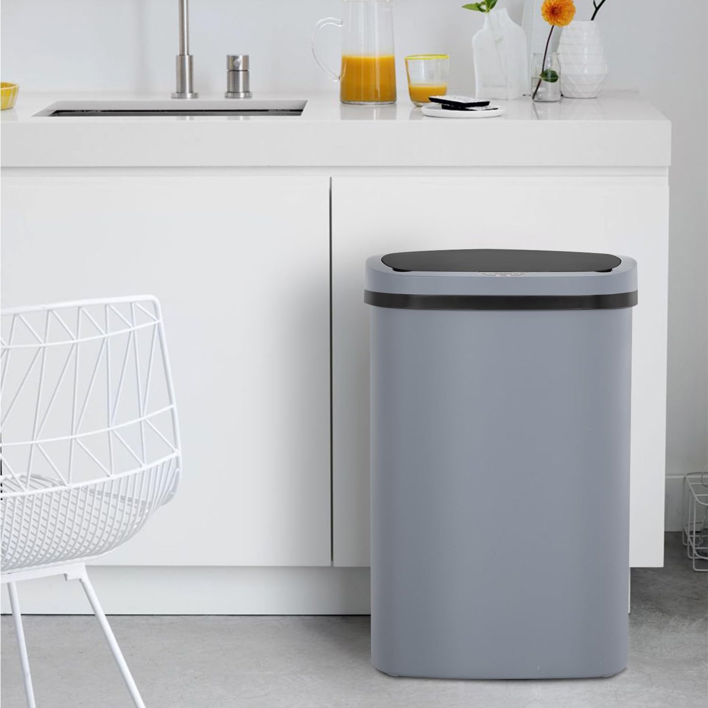 BestOffice | 13 Gallon Plastic Trash Can with Lid | Gray | Automatic Touchless Garbage Can | Odor Control | Modern Oval Design | Easy to Clean | Fits Any Kitchen, Bathroom, Office or Home