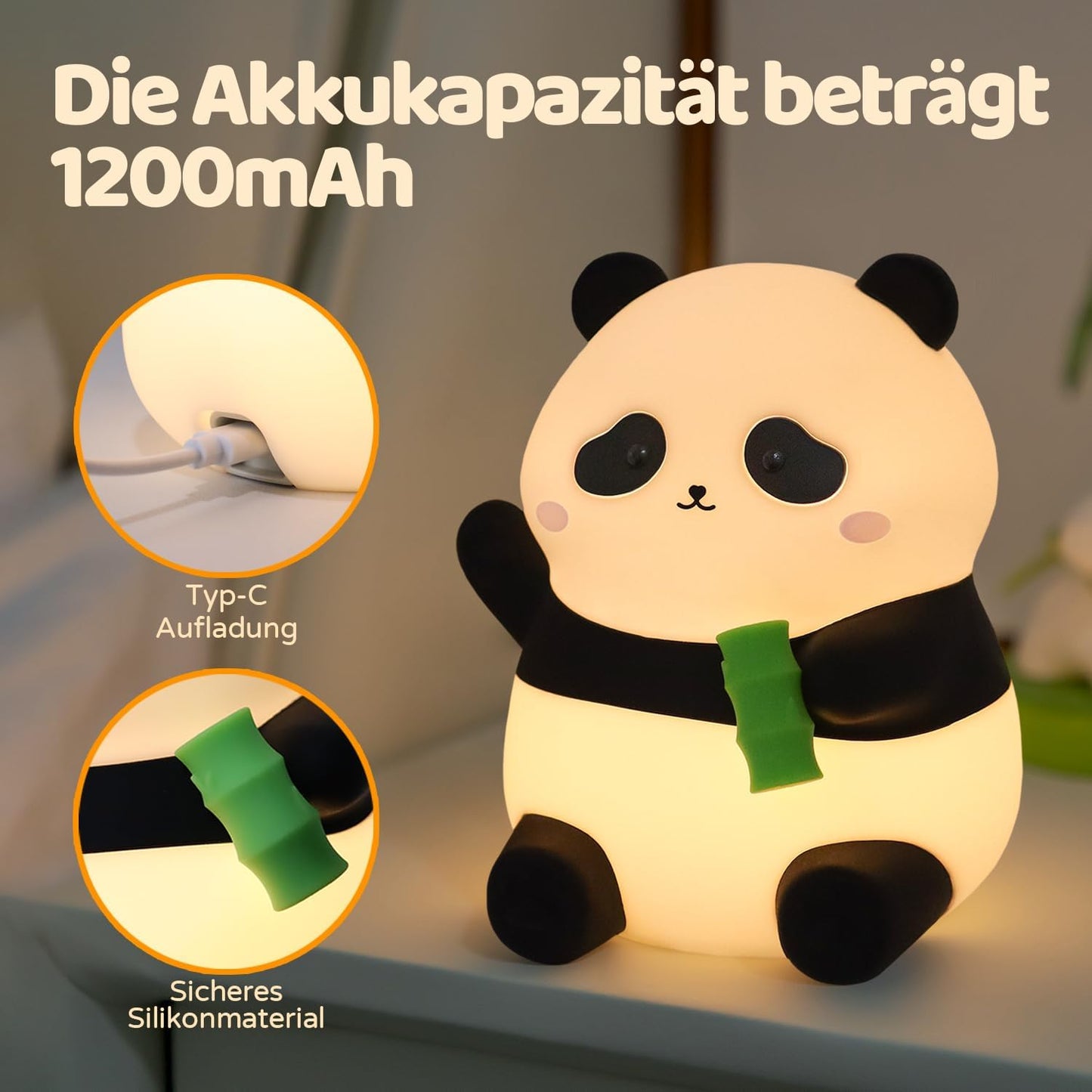 Cute Panda Silicone Night Light, LED Squishy Lamp with 12H/50H Long Battery Life, 2 Levels Brightness by Tap Control, Rechargeable Soft Light for, Kids Bedroom Decor & Gifts for Boys Girls