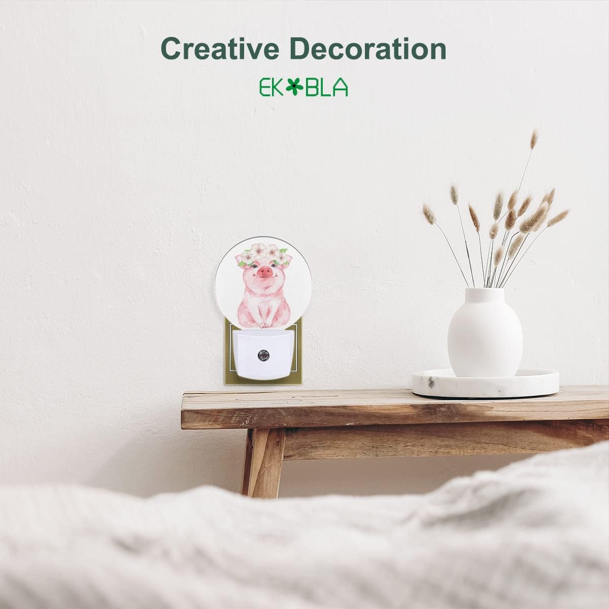 EKOBLA Pig Night Light Floral Wreath Farmhouse Cute Animal Pink Piggy Night Light with Dusk to Dawn Sensor 0.5W LED Lamp Sleep Friendly for Women Girls Birthday Christmas Gift