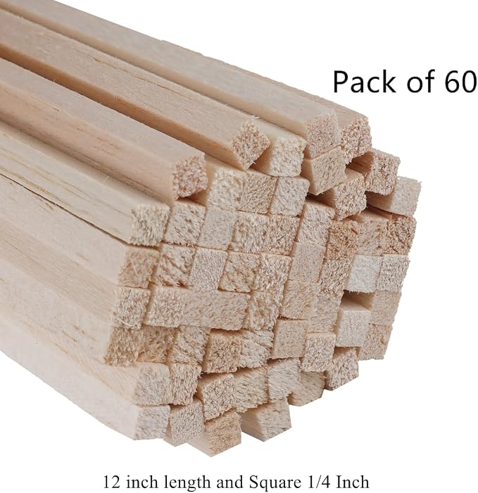 60 Pack Square Wood Dowel Rods 1/4x1/4x12 Inch Balsa Wood Sticks Natural Wood
