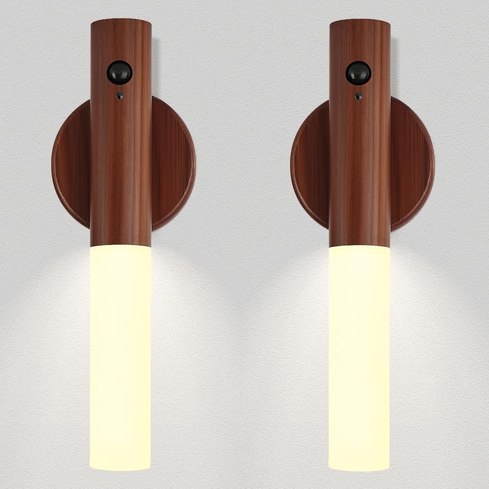 LANDGOO LED Nursery Night Light, Body Motion Sensor Nursing Lamp, Rechargeable Battery Powered Magnetic 360° Portable Lighting for Bedroom Bathroom, Walnut Wood 2Pcs