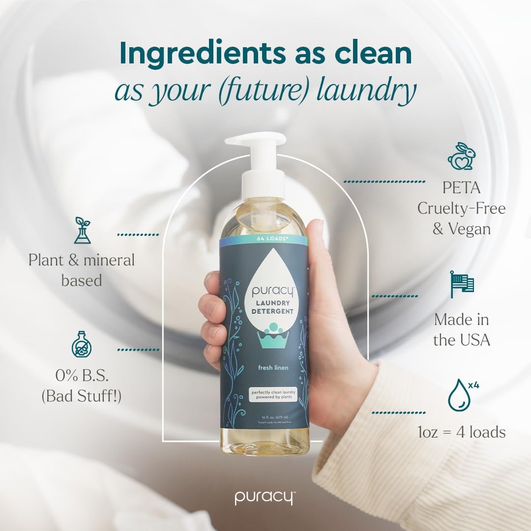 Puracy Laundry Detergent - Enzyme-Powered Liquid Laundry Detergent Concentrate, Natural Laundry Detergent Seen on TikTok, Non-Toxic (Fresh Linen, 16 fl oz, 64 Loads)