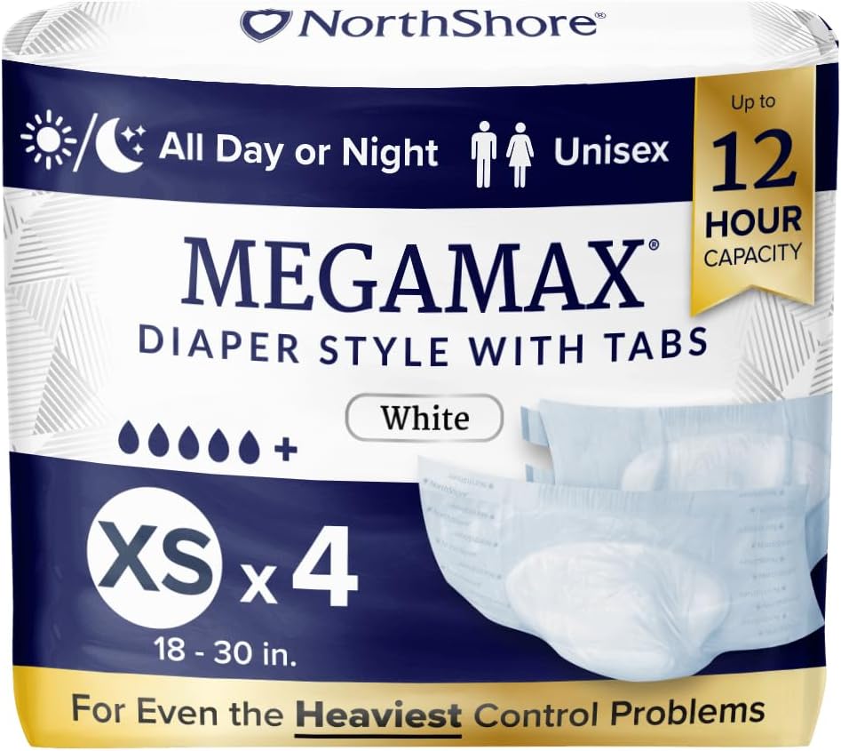 NorthShore MegaMax Adult Overnight Diapers, 12-Hour Tab-Style, X-Small, 4 Count Starter Pack, White, 18-30 inches, Unisex Incontinence Underwear
