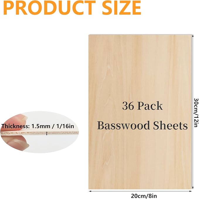36 PCS Basswood Sheets for Crafts 8 x 12 x 1/16 in, 1.6mm Thick Unfinished
