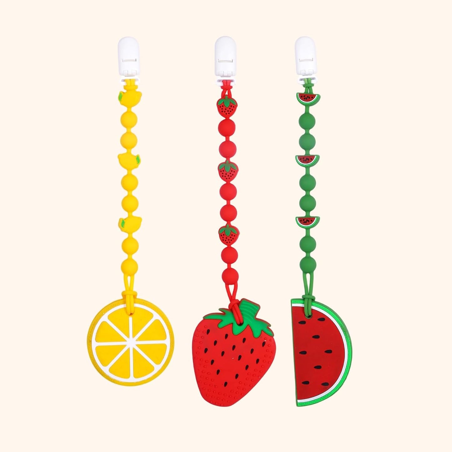 Cute Animal Baby Food Grade Silicone Teether Toy with One Piece Design Pacifier Clip Holder,Teething Pain Relief Toys Gift Set for 3 Months+ Boys and Girls,Freezer Safe,BPA Free (Strawberry)