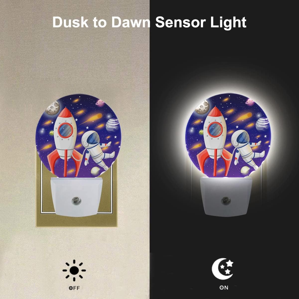 EKOBLA Astronaut and Rocket Night Lights Plug into Wall Outer Space Planets Universe Cartoon LED Dusk to Dawn Plug-in Nightlights Auto Sensor for Home Indoor Teen Boys Bedroom Bathroom