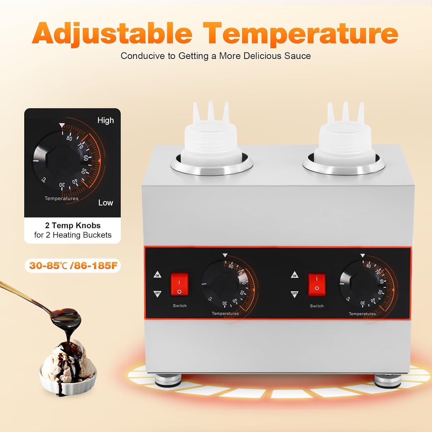 Electric Dual Bottle Sauce Warmer, 320W 110V Cheese & Chocolate Melter with Adjustable Temp 86-185°F, Stainless Steel Commercial Topping Warmer for Nacho, Caramel, Fudge with Two 650ml PC Bottles