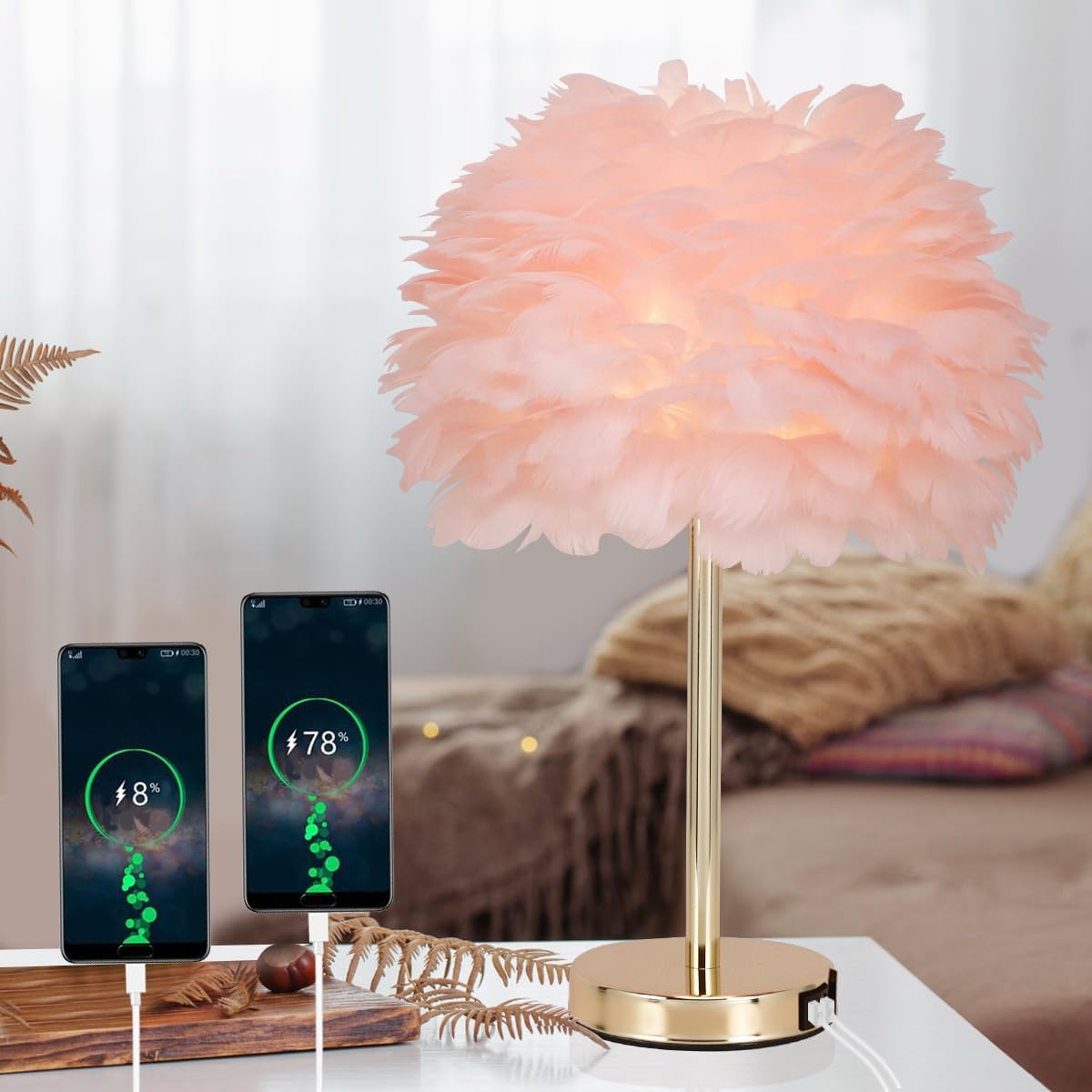 ZYLEIESENBAO Pink Feather USB Charger Table Lamp Feather Bedside Lamp Cute Nightstand Lamp with Outlets Princess Desk Light for Girl Bedroom Living Room Entryway Hotel Wedding Women's Gift Decoration