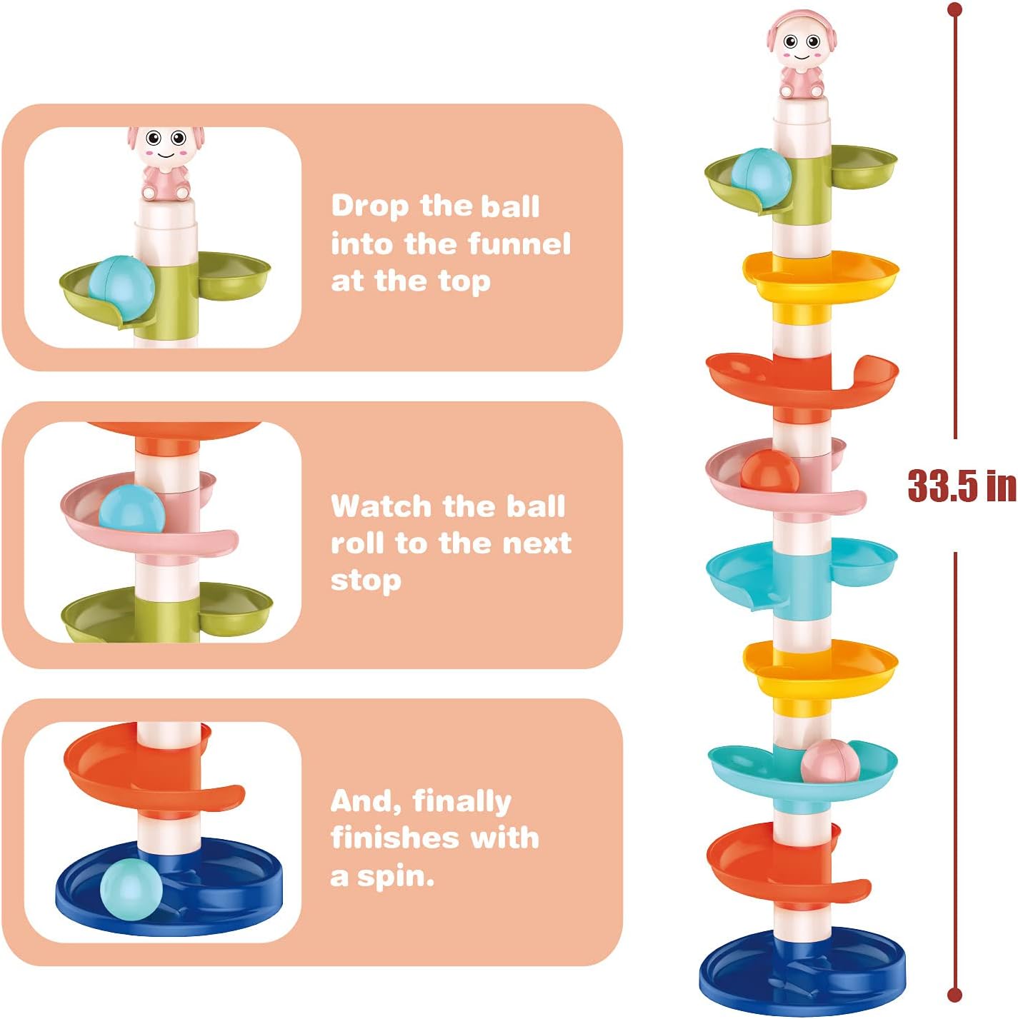 FUN LITTLE TOYS Ball Drop Toys for Toddler 1-3, 9 Layer Roll Swirling Ball Tower with 3 Balls, Ball Run Ramp for Baby Learning Development Educational Activities Toy Birthday Gift