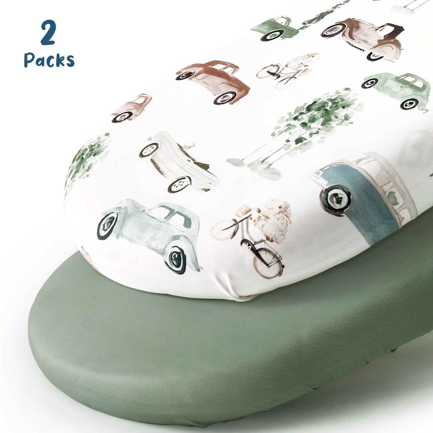 GRSSDER Stretchy Ultra Soft Fitted Bassinet Sheet Set 2 Pack, Universal Fit for Bassinets Baby Cradle Moses Basket Oval Rectangle Mattress Safe and Snug, Stylish Bassinet Sheets of Cars Print for Boys