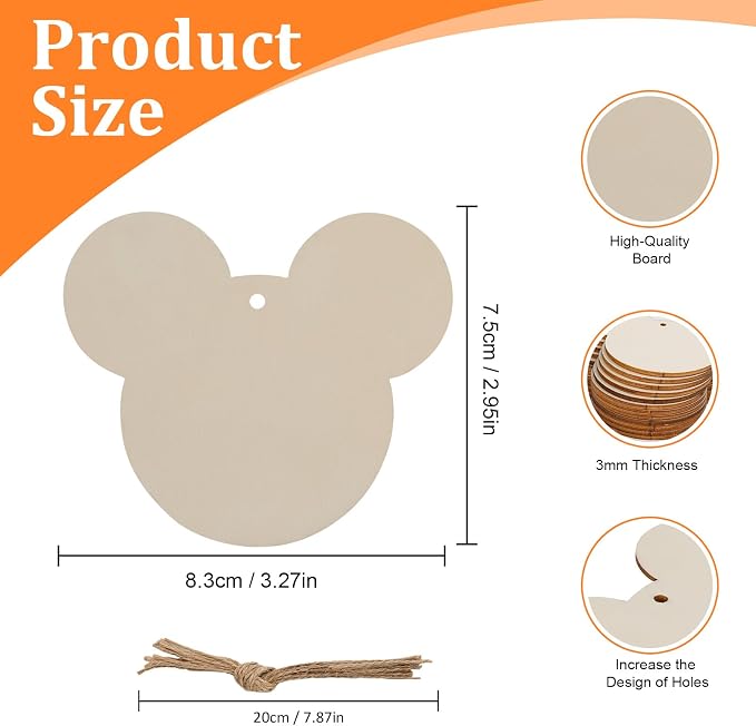 Mouse Head 30Pcs Unfinished Wooden Gift Ornaments DIY Craft Birthday