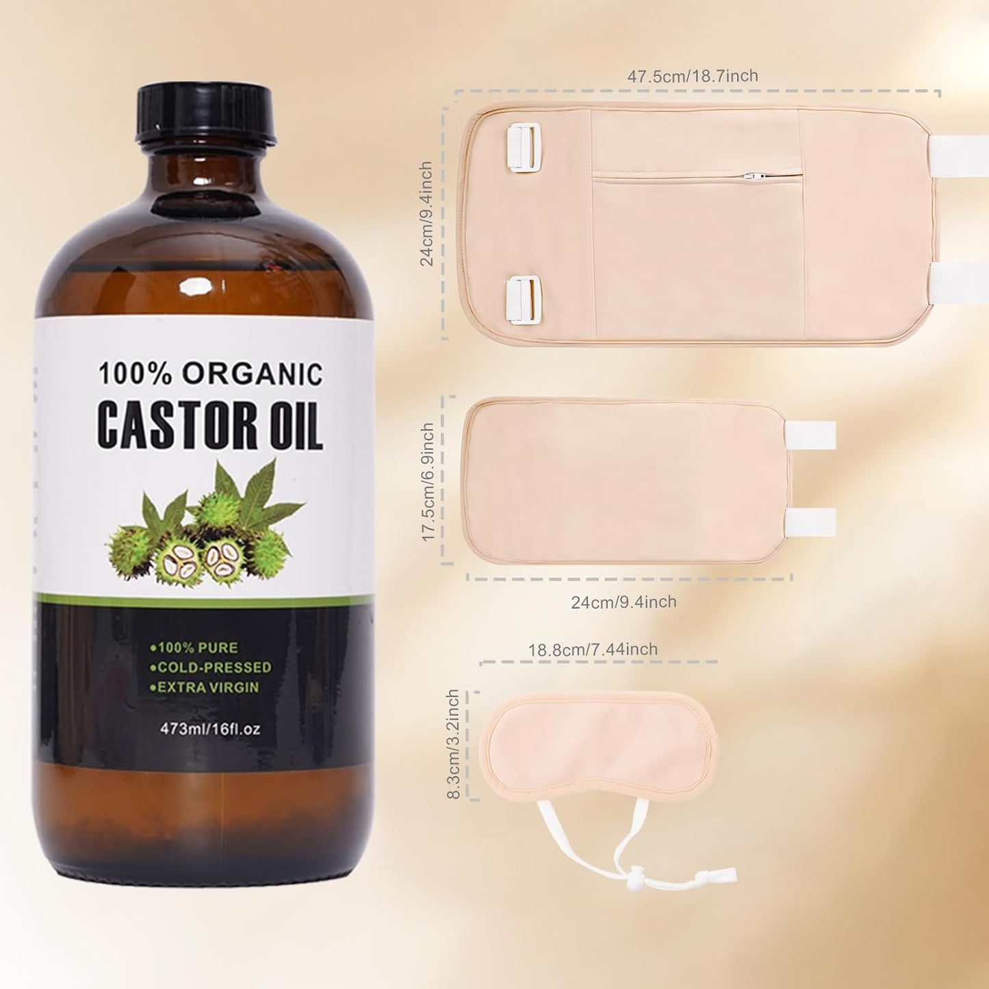 Organic Cold Pressed Unrefined Castor Oil (16oz/473ml), Castor Oil Pack Kit with Organic Cotton Wrap for Waist, Knees, Neck