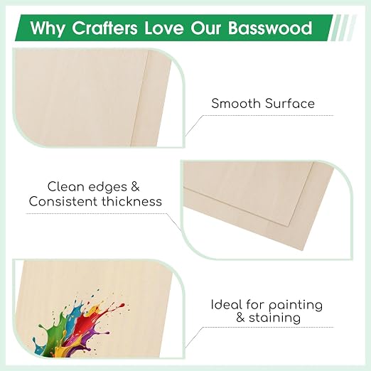 12 Pack Basswood Sheets 4"×4"×25/64" Unfinished Plywood Sheet | Smooth Thin