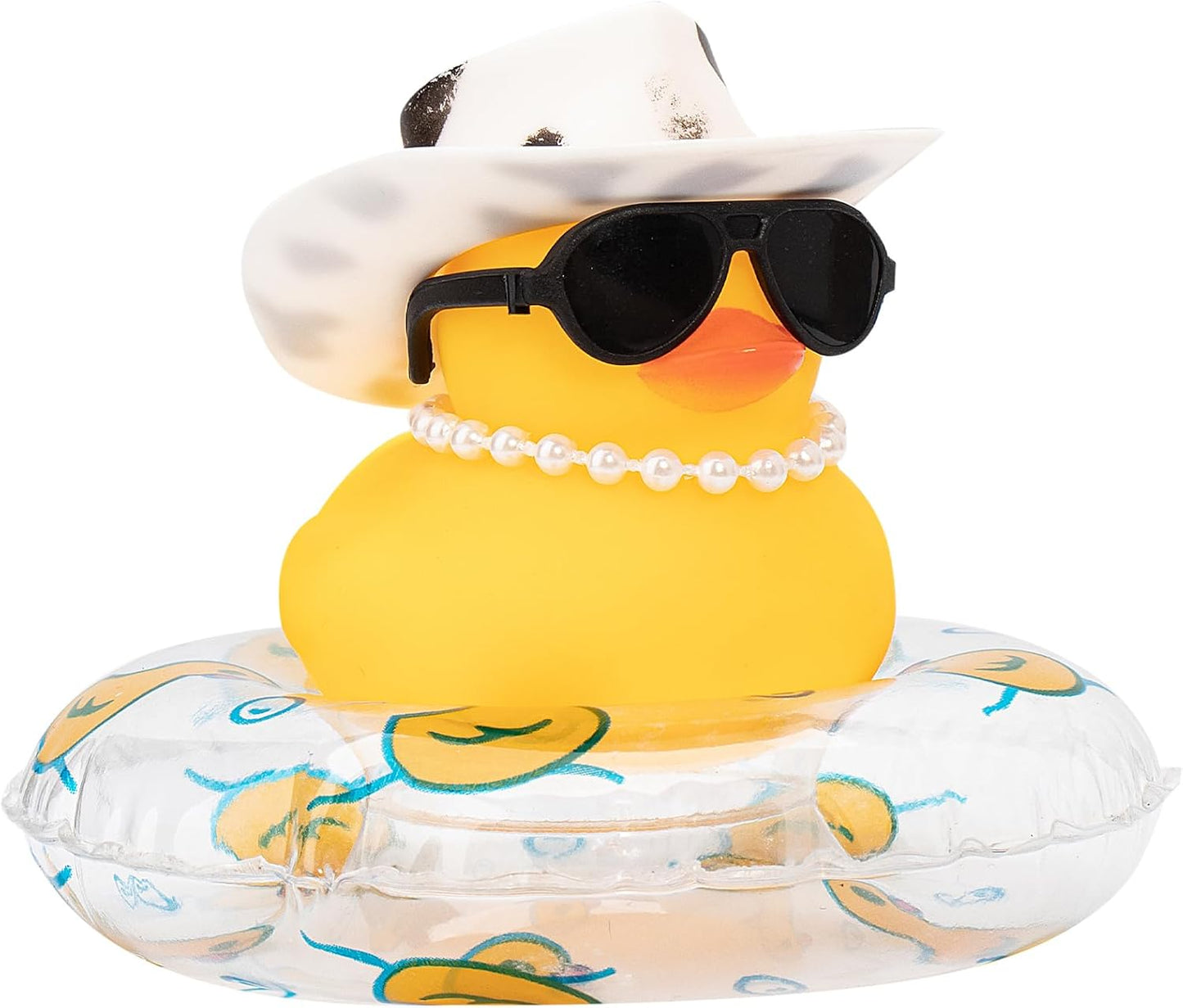 wonuu Car Rubber Duck, Yellow Duck Decoration Dashboard with Sun Hat Swim Ring Necklace Sunglasses for Car Dashboard Decorations, Black White Cowboy Hat-Transparent-Small Pearl