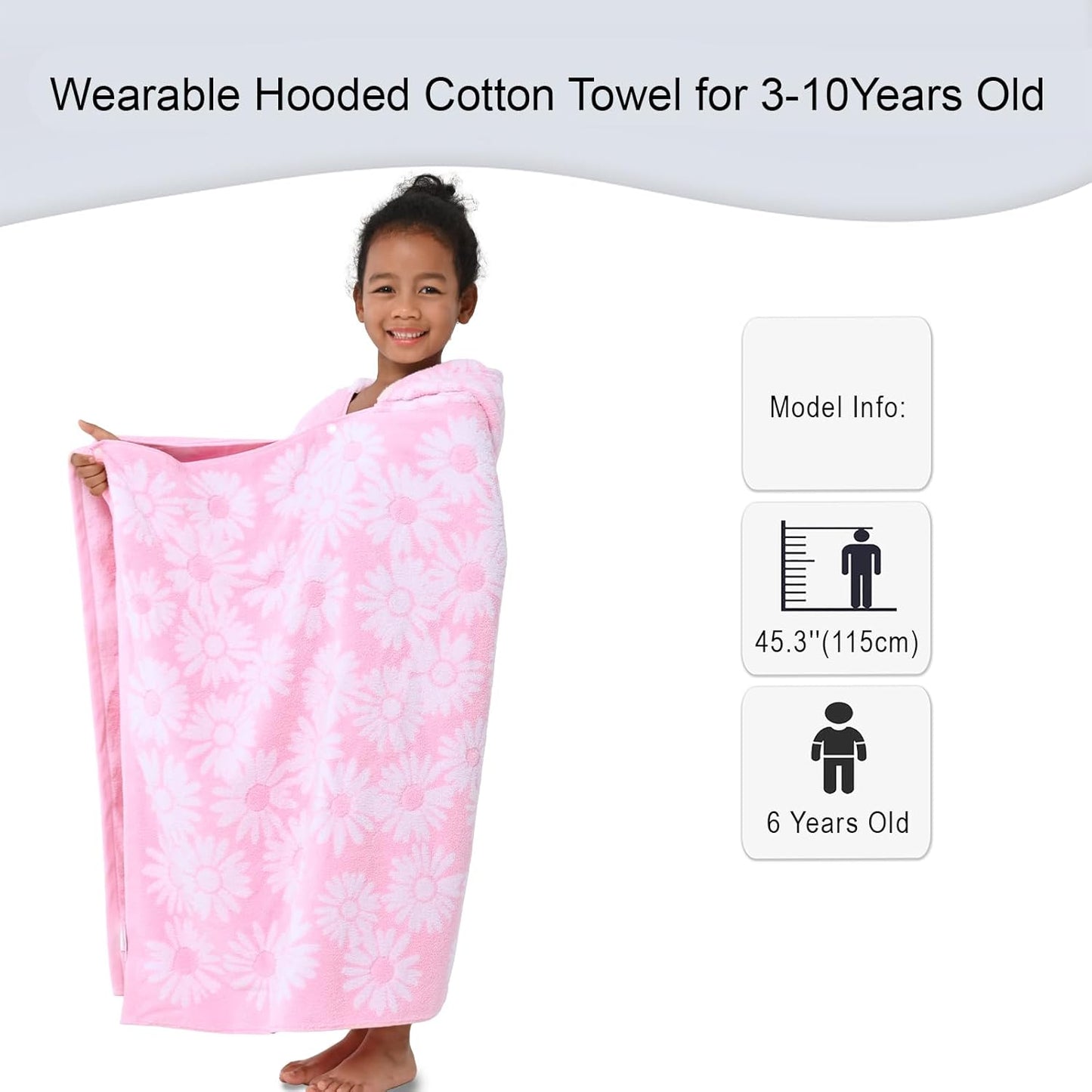 Hooded Bath Towels for Kids (3-10Years) - Soft, Absorbent Turkish Cotton Thick Pool Towels with Hood for Toddler,Perfect for Bath | Beach | Pool | Swim, Jacquard, Pink with White Daisys Theme