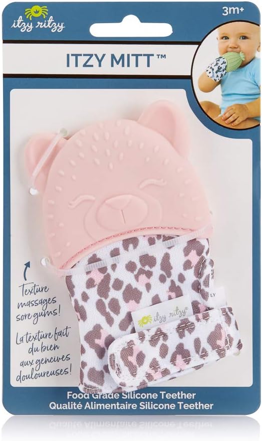 Itzy Ritzy Silicone Teething Mitt - Soothing Infant Teething Mitten with Adjustable Strap, Crinkle Sound & Textured Silicone to Soothe Sore & Swollen Gums - for Ages 3 Months & Up (Blush Leopard)