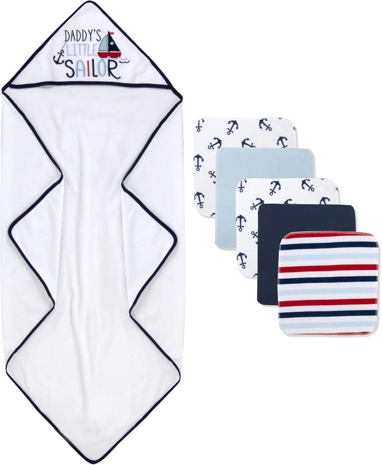 Baby Hooded Bath Towel and Washcloth Set for Infants, Boys and Girls 6-12 Months (Daddy's Sailor)