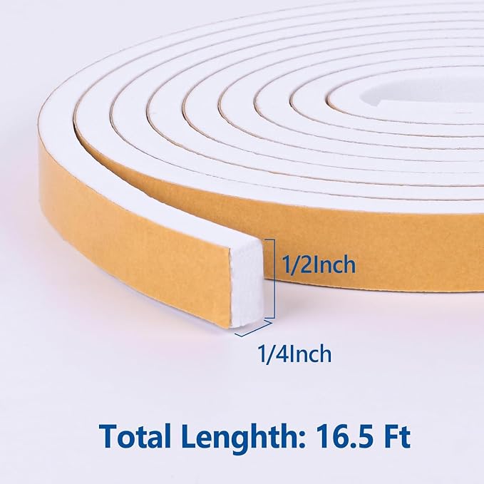 Kikerike Self Adhesive Foam Tape Weatherstrip 1/2in x 1/4in x 16.5Ft High