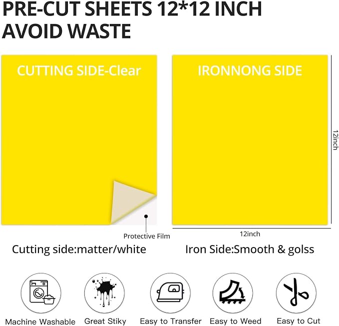 Dysania Yellow Heat Transfer Vinyl, 10 Pack 12 x 12in Yellow HTV Vinyl | Iron