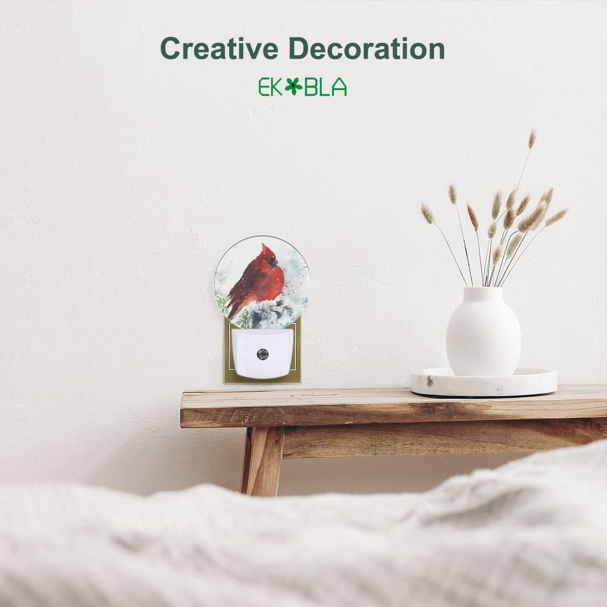 EKOBLA Watercolor Cardinal Night Light Winter Snow Red Bird on Branch Night Lights Plug into Wall Auto Sensor LED Plug-in Nightlights for Home Indoor Bedroom Kitchen Hallway Christmas