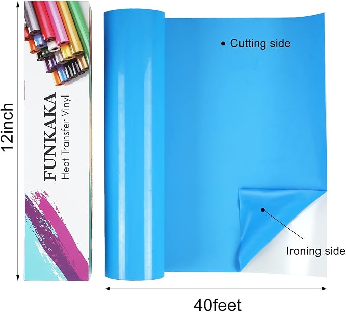 FUNKAKA Lake Blue Heat Transfer Vinyl Rolls, Adhesive Glossy HTV Vinyl