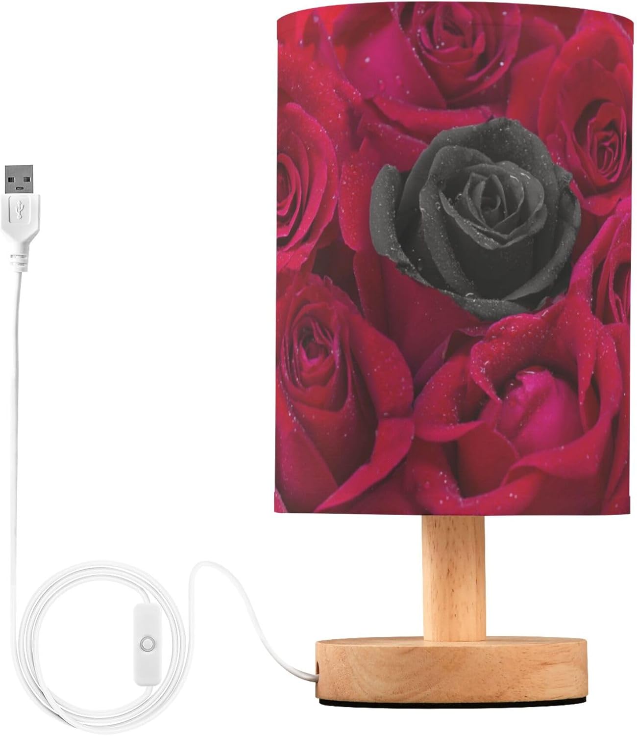 Table Lamp Black Rose in Red Roses Flower with Water Drops Valentines Day Nightstand Lamp with Wood Base Fabric Lamp Shade Bedside Desk Lamp for Living Room Bedroom Kids Room Office