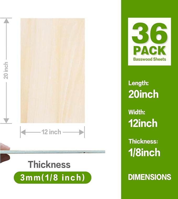 36 Pack Basswood Sheets 20"x12"x1/8", 3mm Basswood