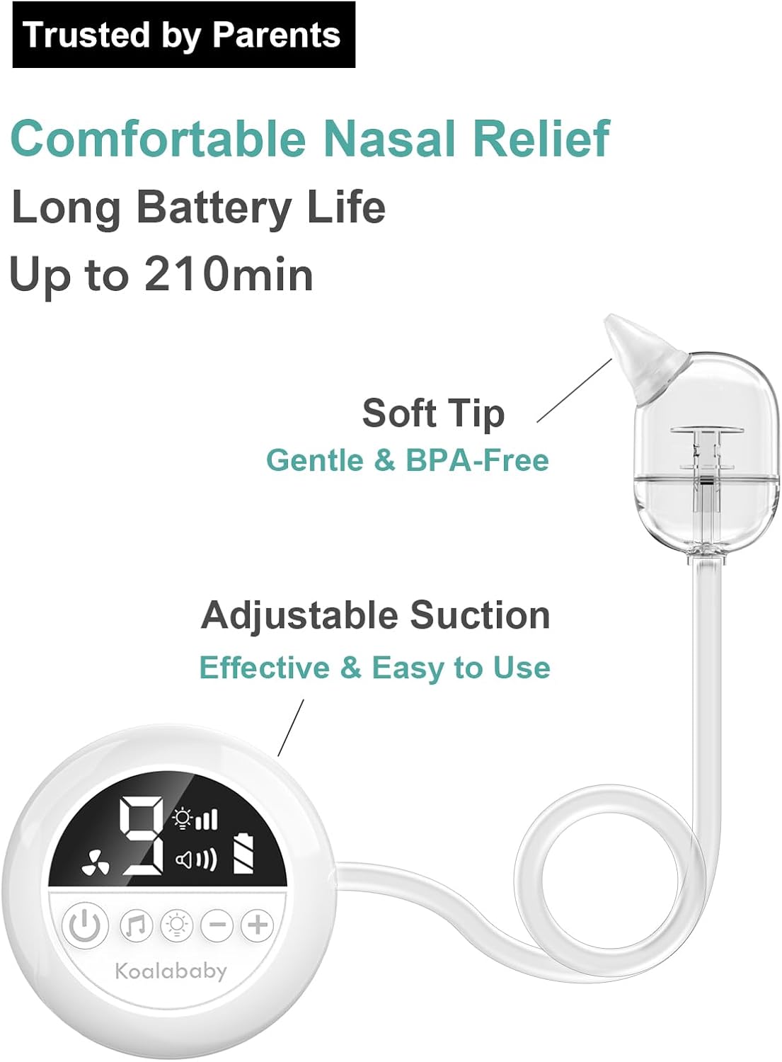Koalababy Electric Nasal Aspirator for Baby – Hospital-Grade Nose Suction, 9 Suction Levels, Baby Nose Sucker, Nasal Cleaner, Night Light & Music, Soft Silicone Tips, Travel Bag